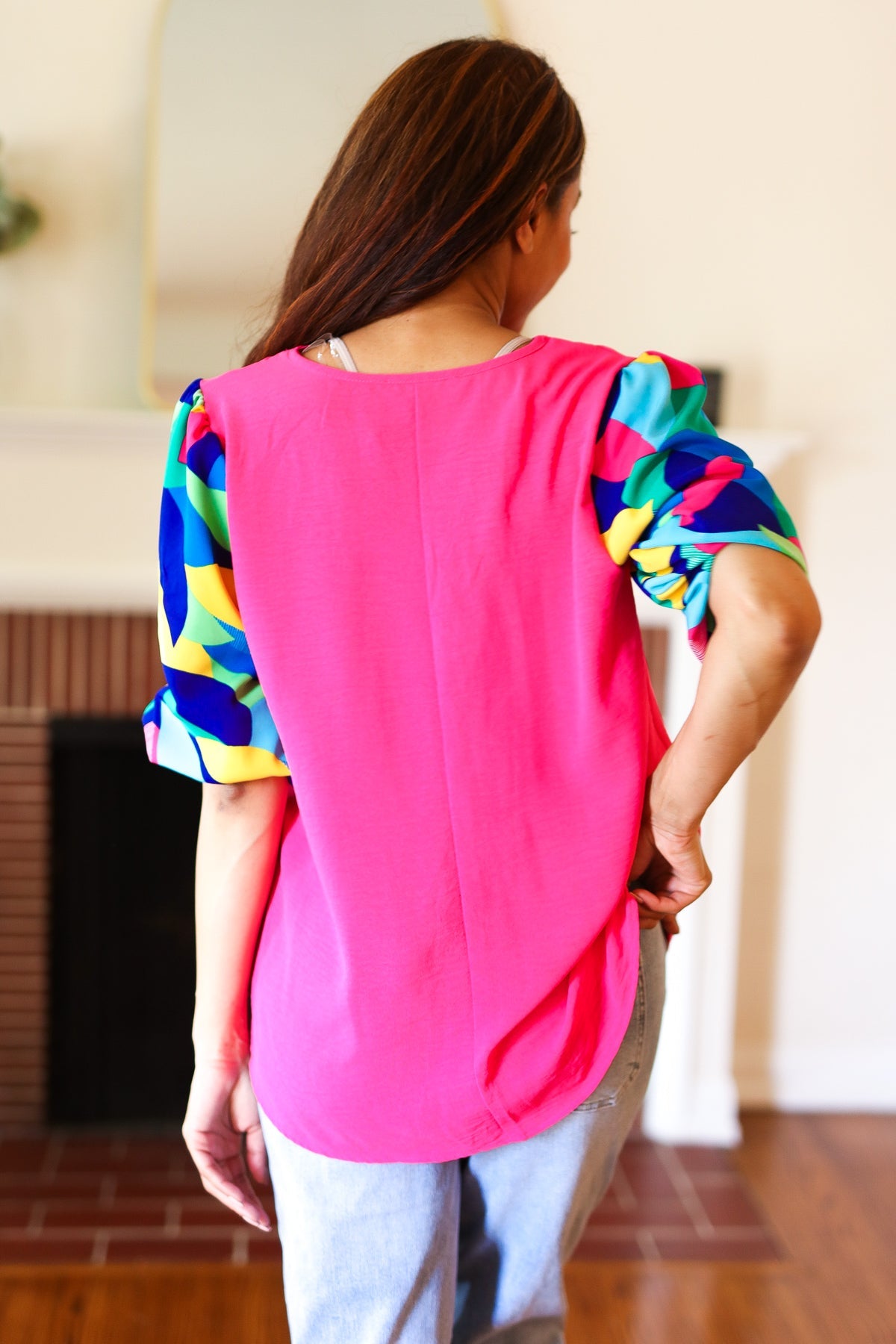 Tell Your Story Fuchsia Geo Print Puff Sleeve Top