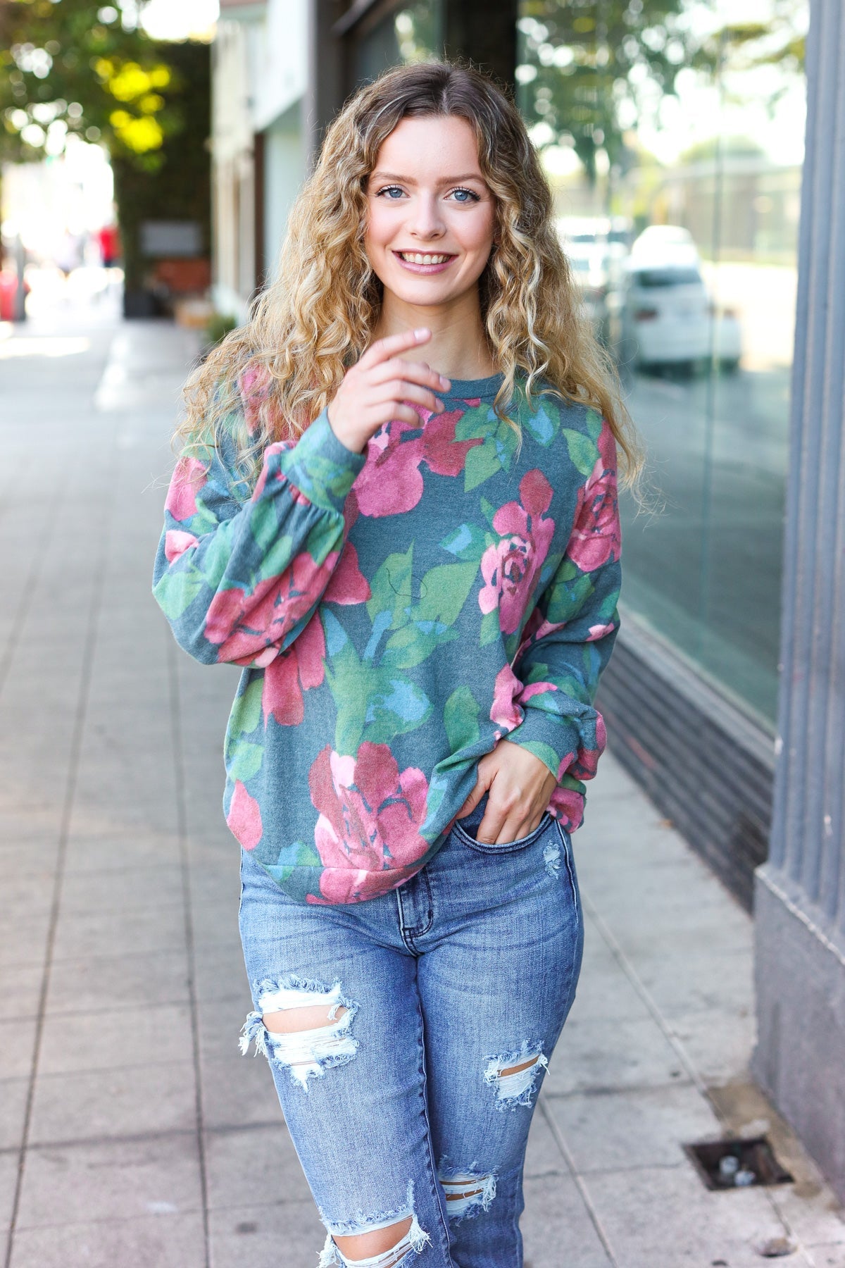 Everyday Hunter Green Floral Brushed Sweater Top