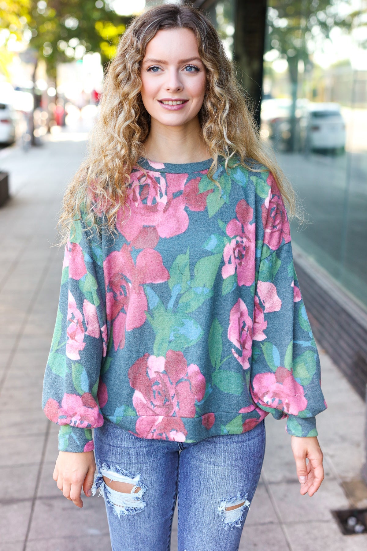 Everyday Hunter Green Floral Brushed Sweater Top