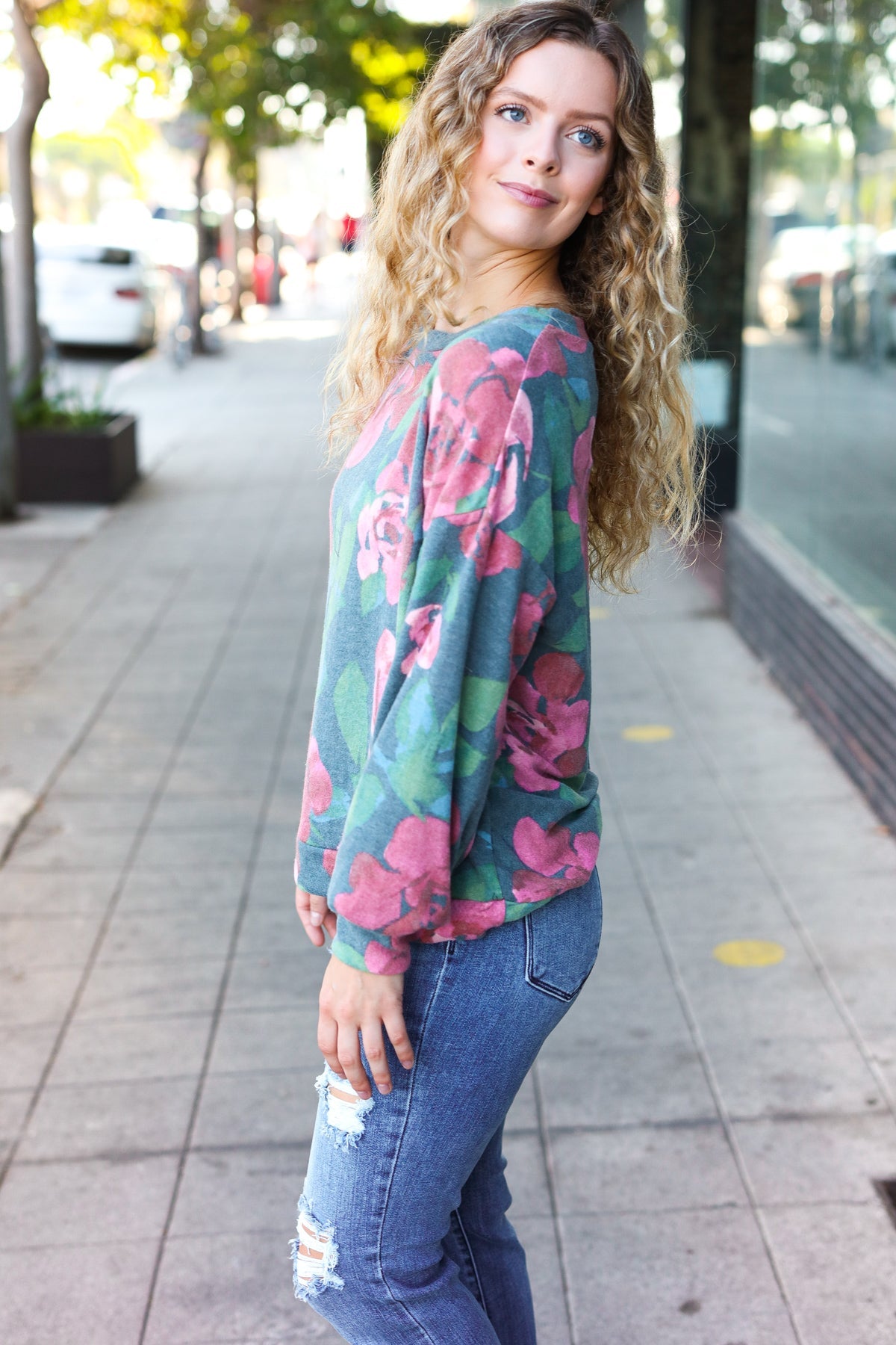 Everyday Hunter Green Floral Brushed Sweater Top