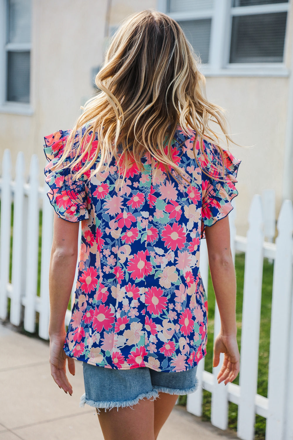 Vacay Ready Blue & Fuchsia Floral Smocked Ruffle Sleeve Top