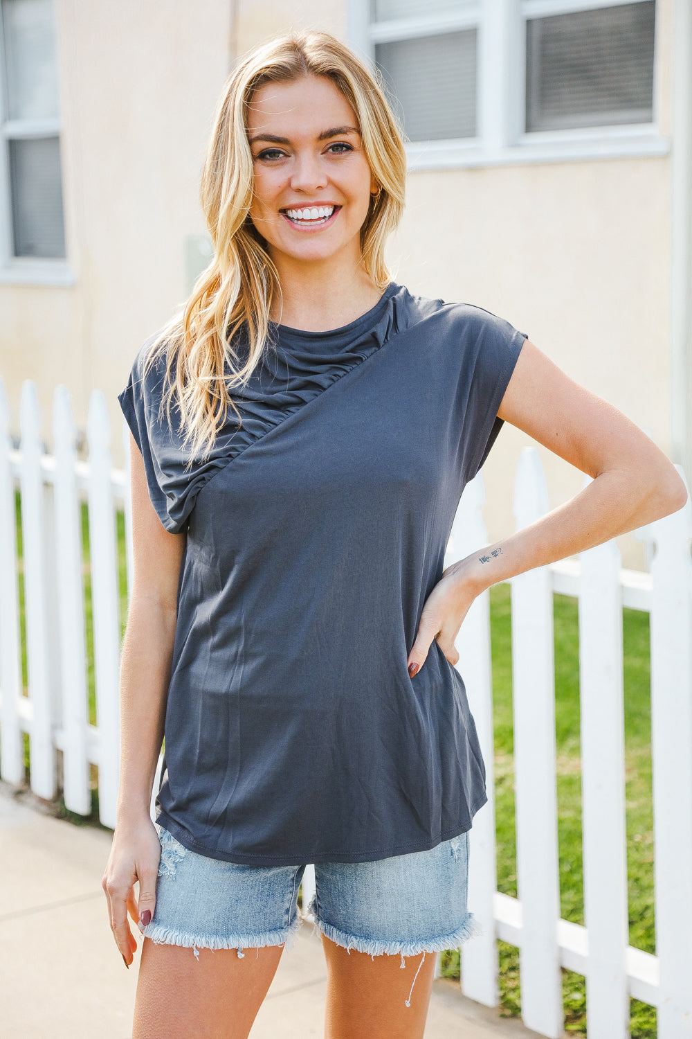 Charming In Charcoal Asymmetrical Shirred Drop Shoulder Modal Top