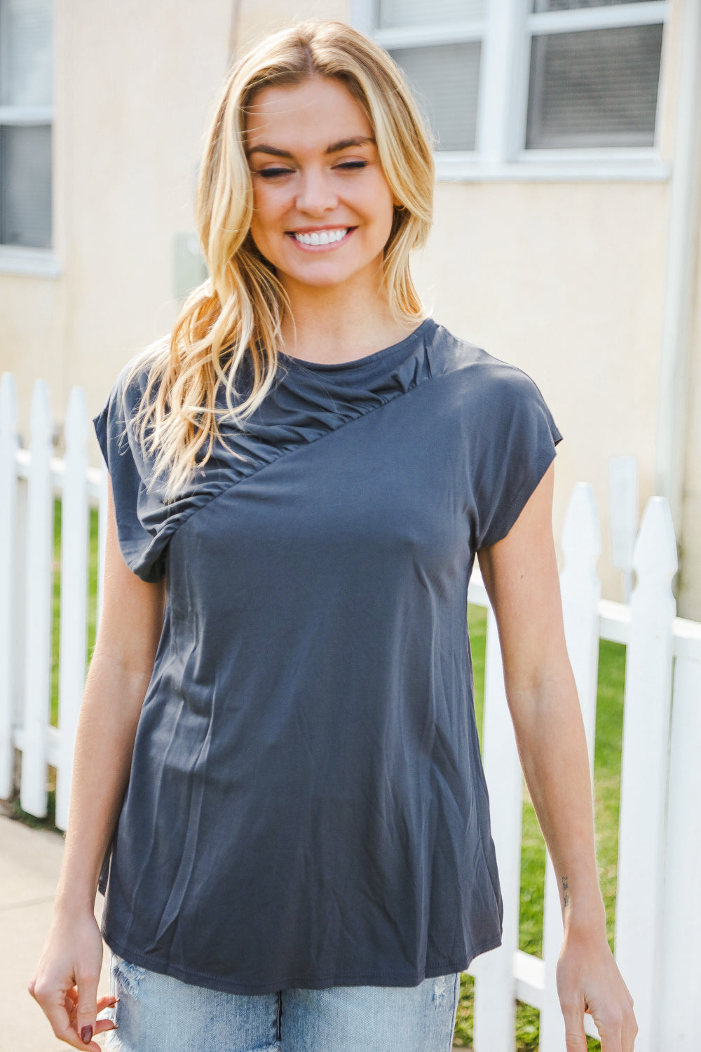 Charming In Charcoal Asymmetrical Shirred Drop Shoulder Modal Top