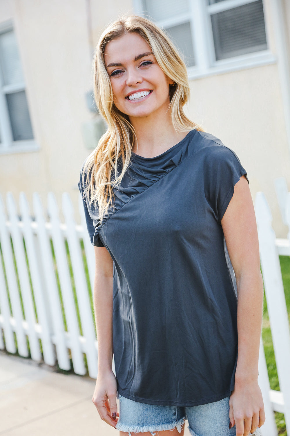 Charming In Charcoal Asymmetrical Shirred Drop Shoulder Modal Top