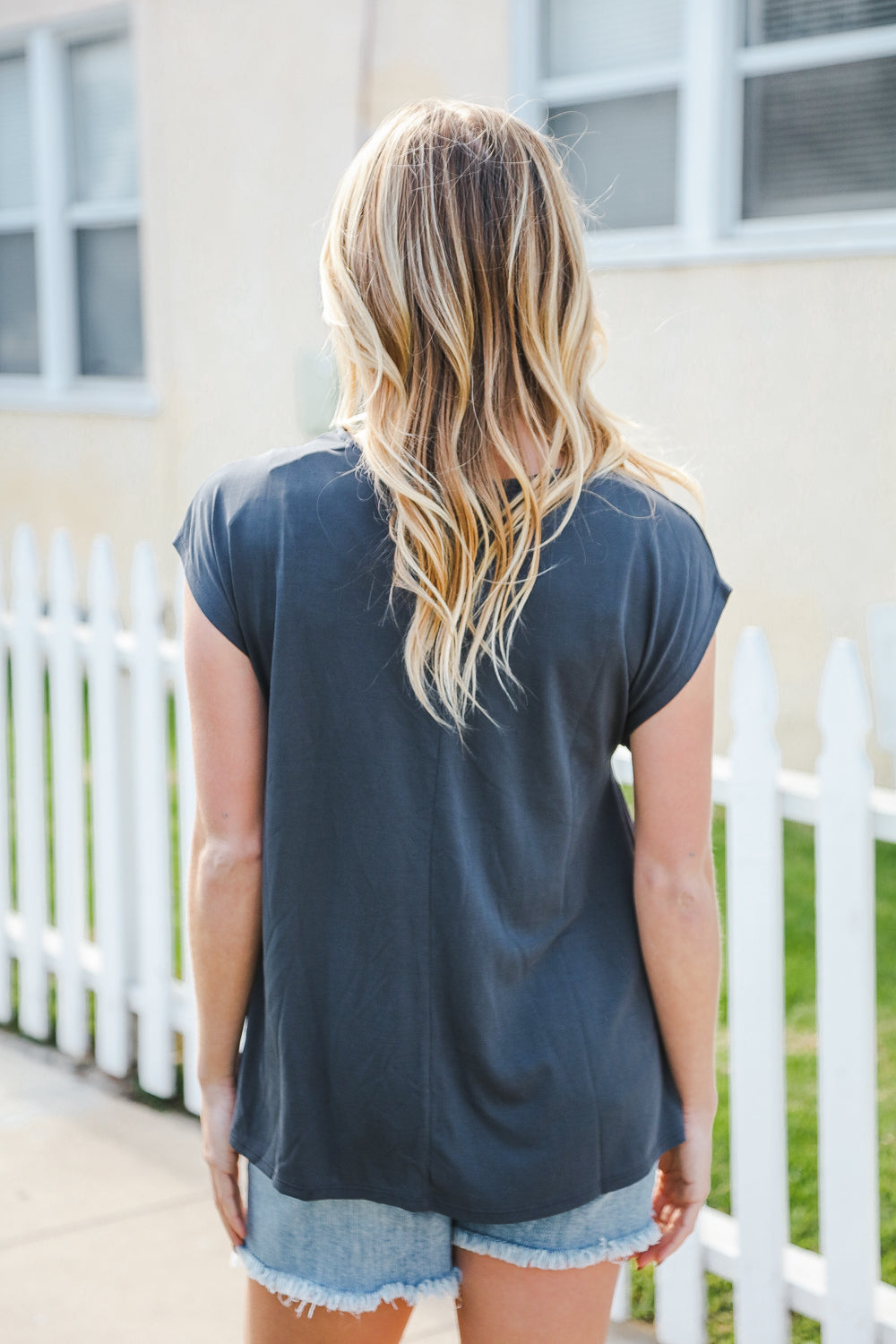 Charming In Charcoal Asymmetrical Shirred Drop Shoulder Modal Top