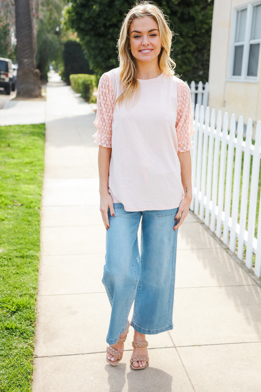 Pretty In Peach French Terry Lace Sleeve Top (Copy)