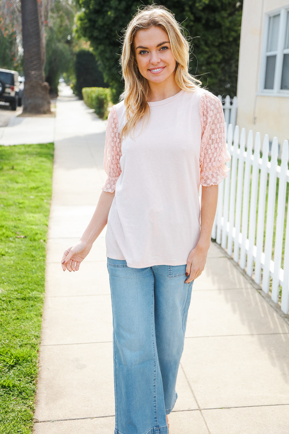 Pretty In Peach French Terry Lace Sleeve Top (Copy)