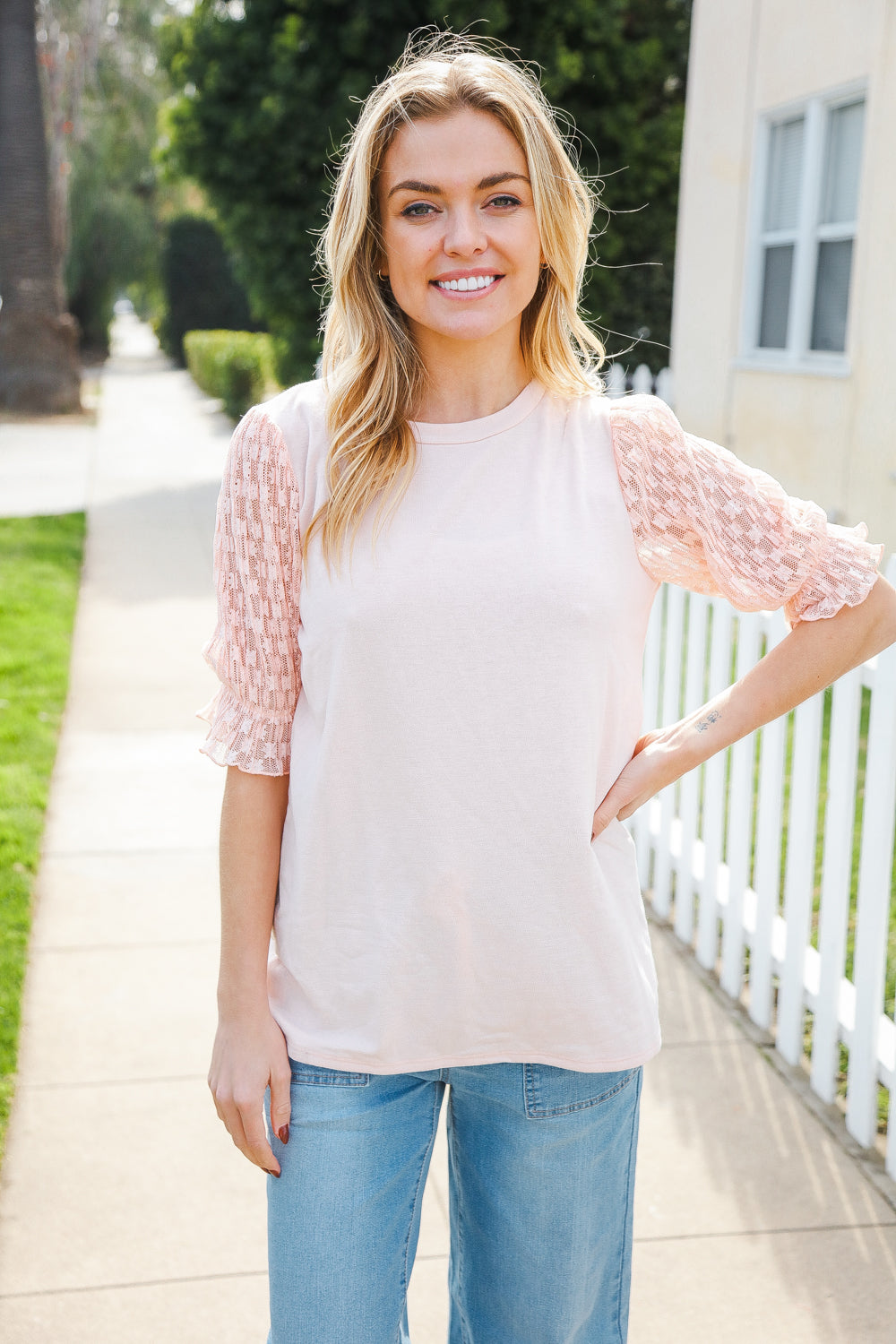 Pretty In Peach French Terry Lace Sleeve Top (Copy)
