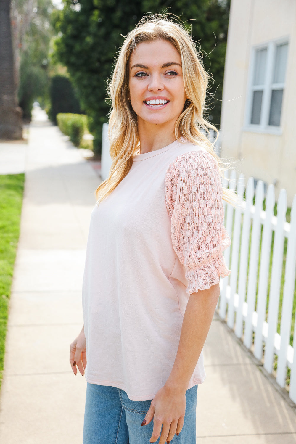 Pretty In Peach French Terry Lace Sleeve Top (Copy)