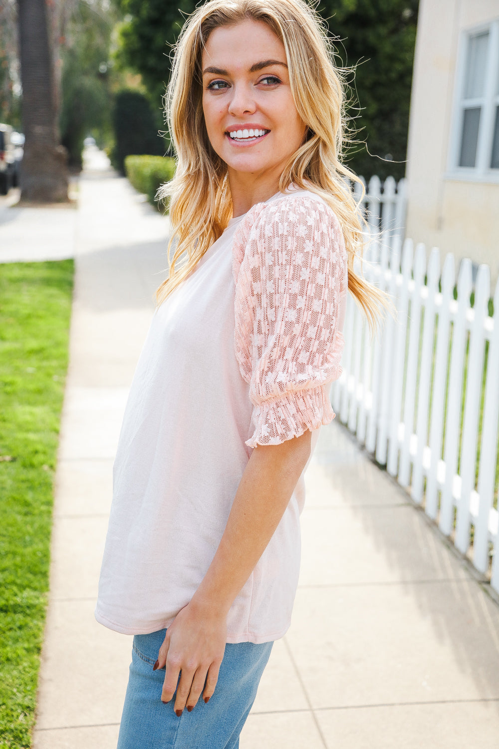 Pretty In Peach French Terry Lace Sleeve Top (Copy)