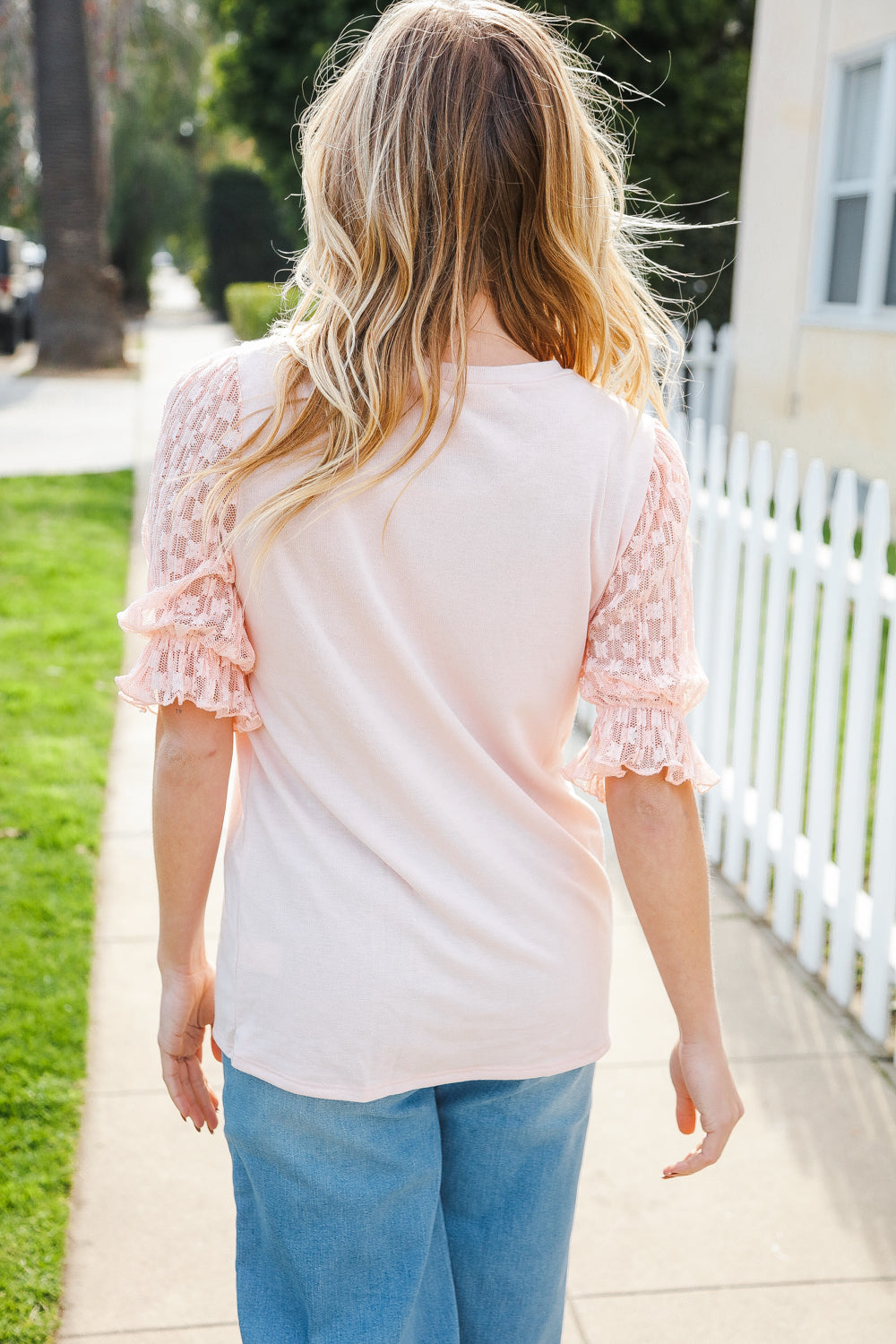 Pretty In Peach French Terry Lace Sleeve Top (Copy)