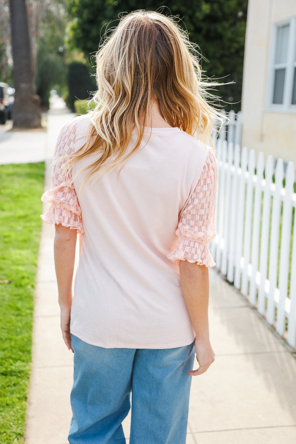 Pretty In Peach French Terry Lace Sleeve Top (Copy)