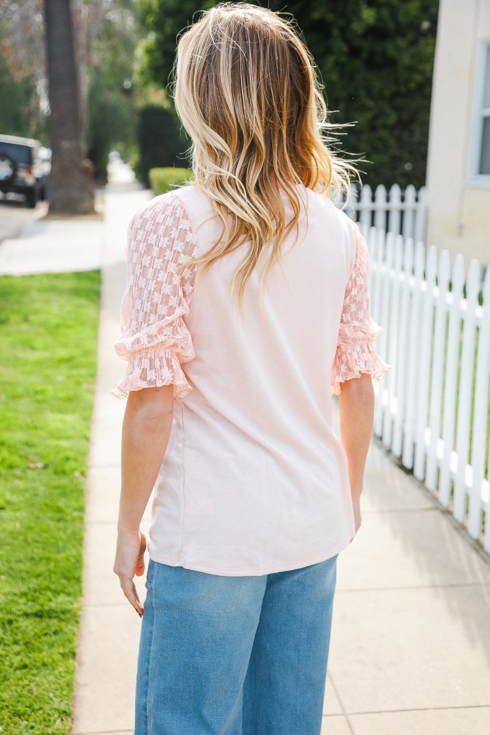 Pretty In Peach French Terry Lace Sleeve Top (Copy)