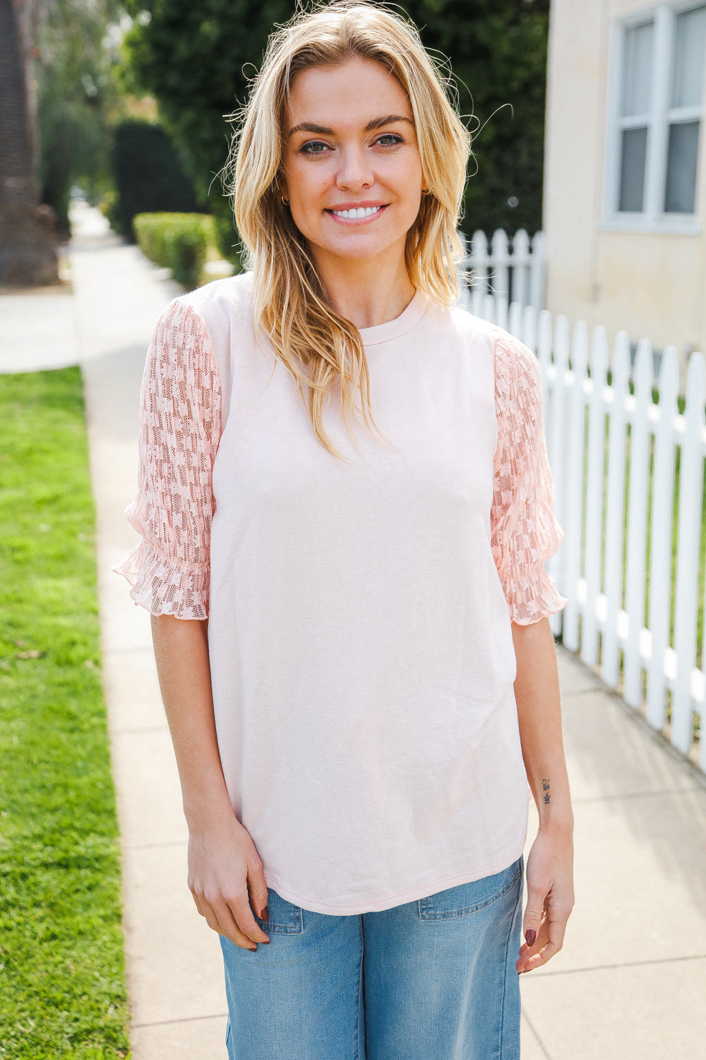 Pretty In Peach French Terry Lace Sleeve Top (Copy)