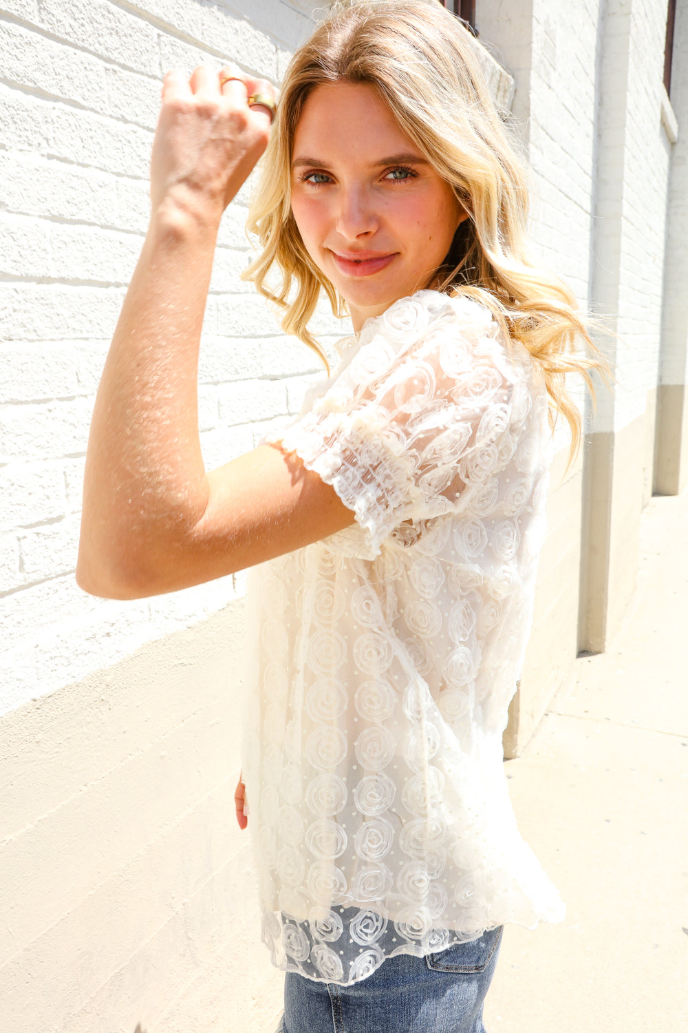 Classy Chic Ivory Swiss Dot Chiffon Button Yoke Lined Blouse