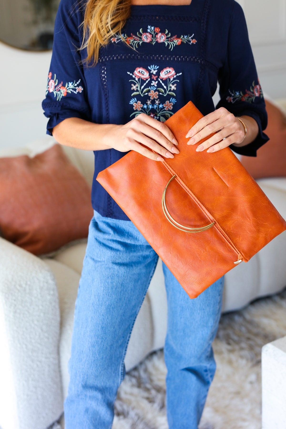 Burnt Orange Fold Over Faux Leather Clutch