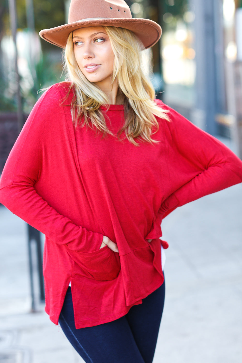 Going My Way Red Dolman Pocketed Sweater Top