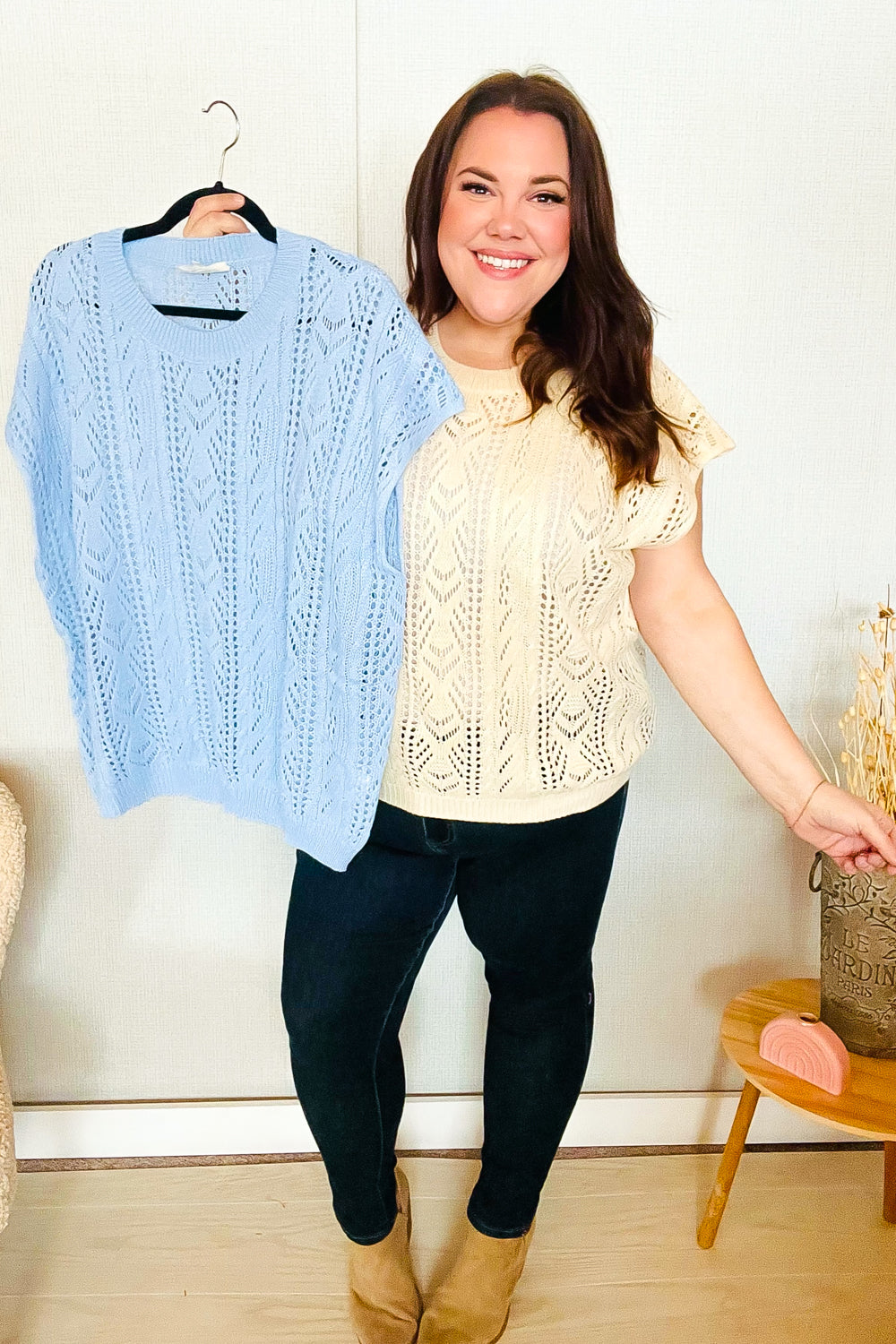 The Perfect Find Sky Blue Dolman Short Sleeve Crochet Sweater Vest