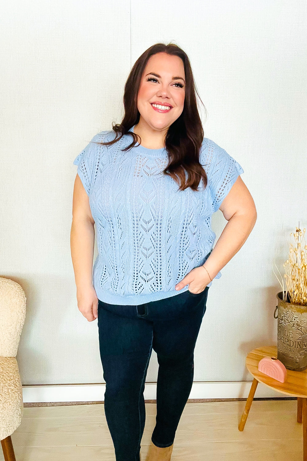 The Perfect Find Sky Blue Dolman Short Sleeve Crochet Sweater Vest