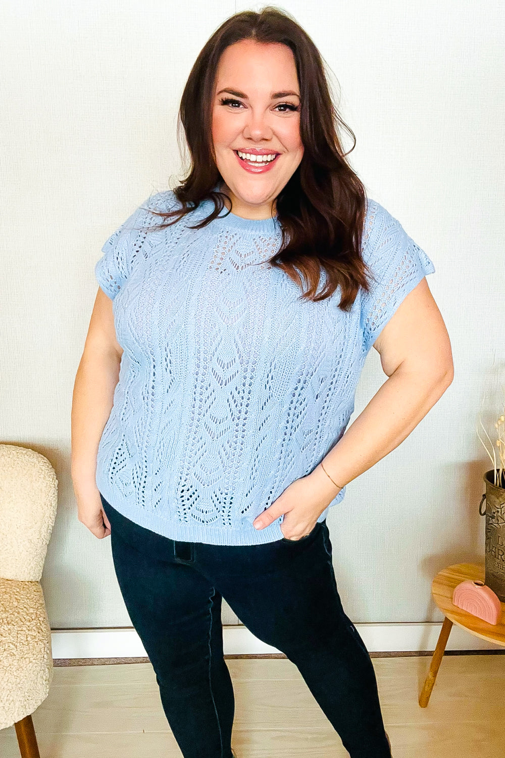 The Perfect Find Sky Blue Dolman Short Sleeve Crochet Sweater Vest