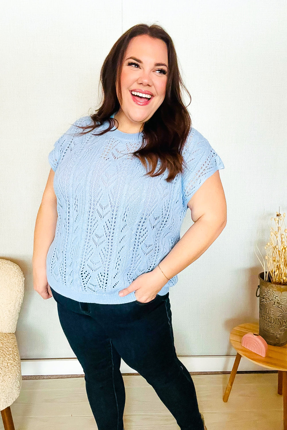 The Perfect Find Sky Blue Dolman Short Sleeve Crochet Sweater Vest