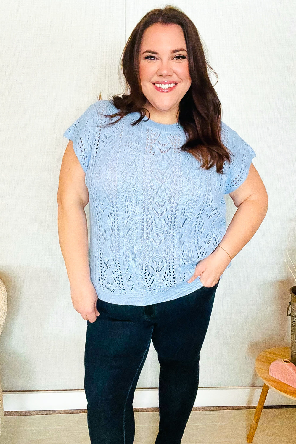 The Perfect Find Sky Blue Dolman Short Sleeve Crochet Sweater Vest