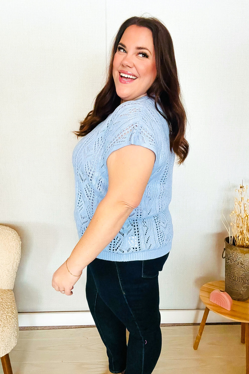The Perfect Find Sky Blue Dolman Short Sleeve Crochet Sweater Vest