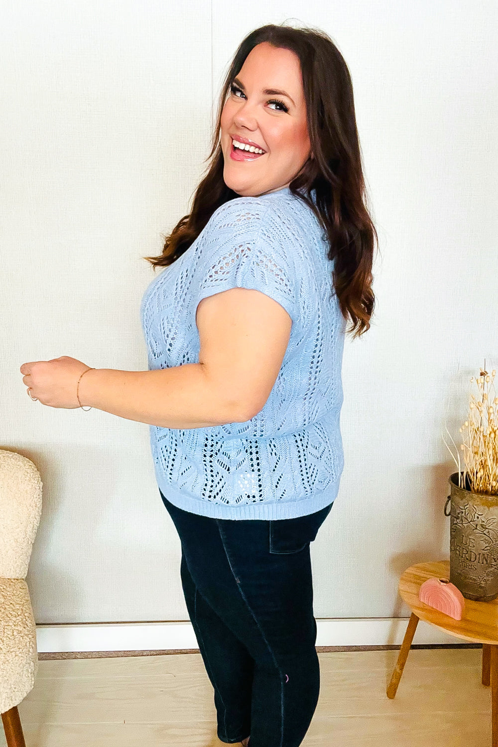 The Perfect Find Sky Blue Dolman Short Sleeve Crochet Sweater Vest