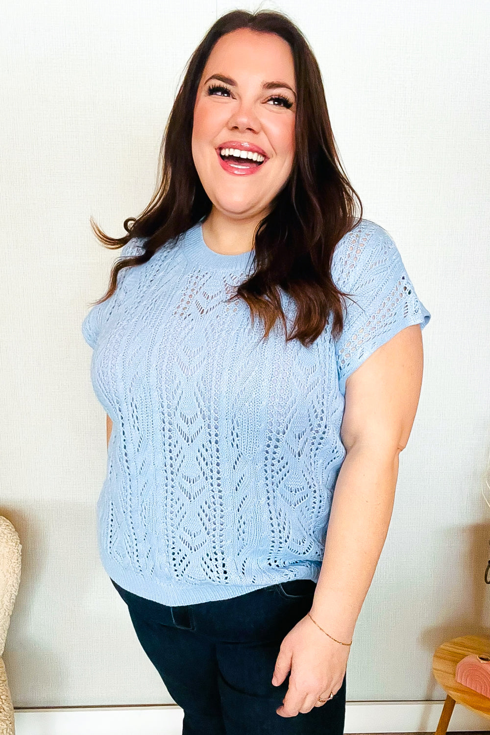 The Perfect Find Sky Blue Dolman Short Sleeve Crochet Sweater Vest