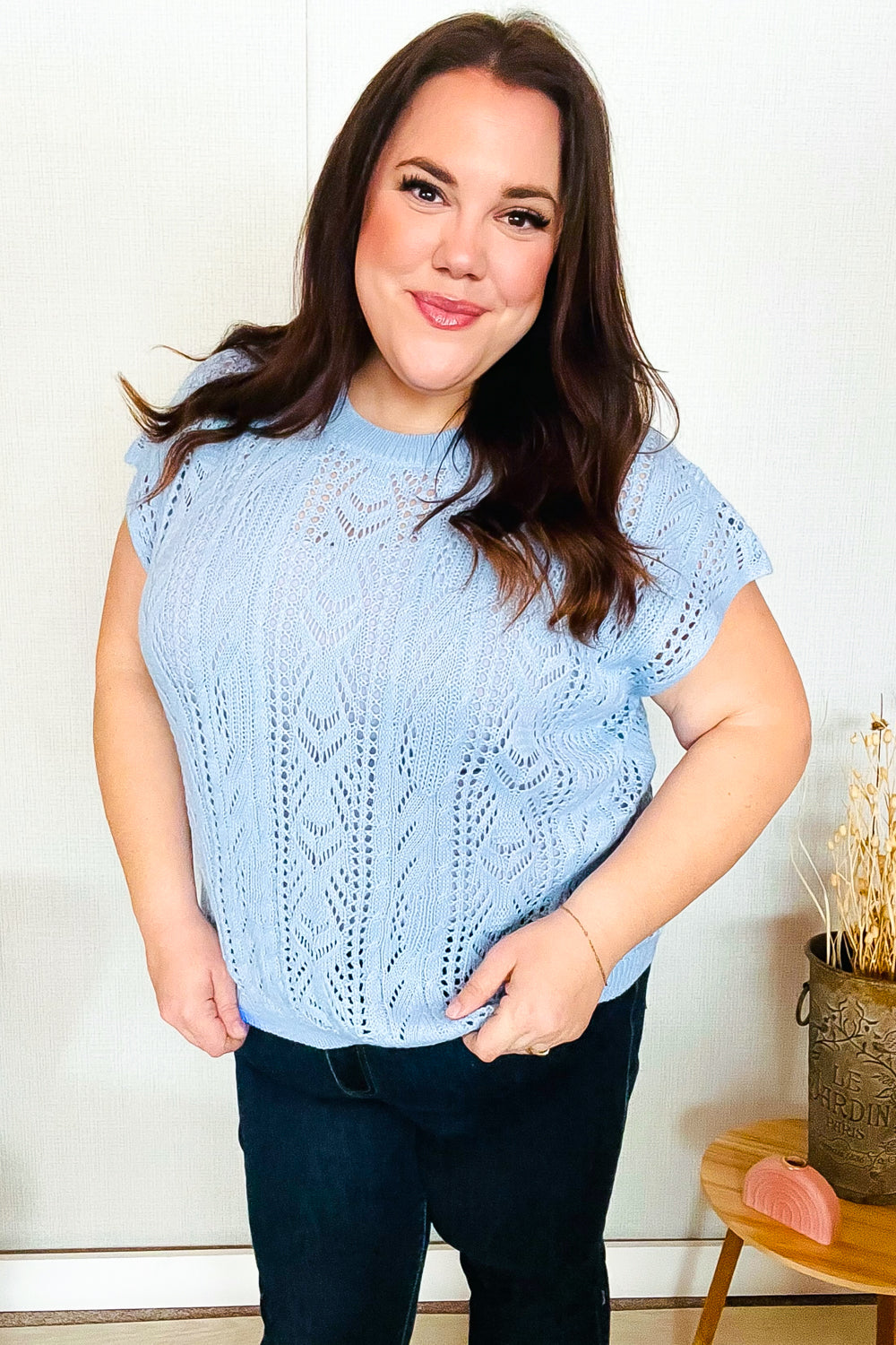 The Perfect Find Sky Blue Dolman Short Sleeve Crochet Sweater Vest