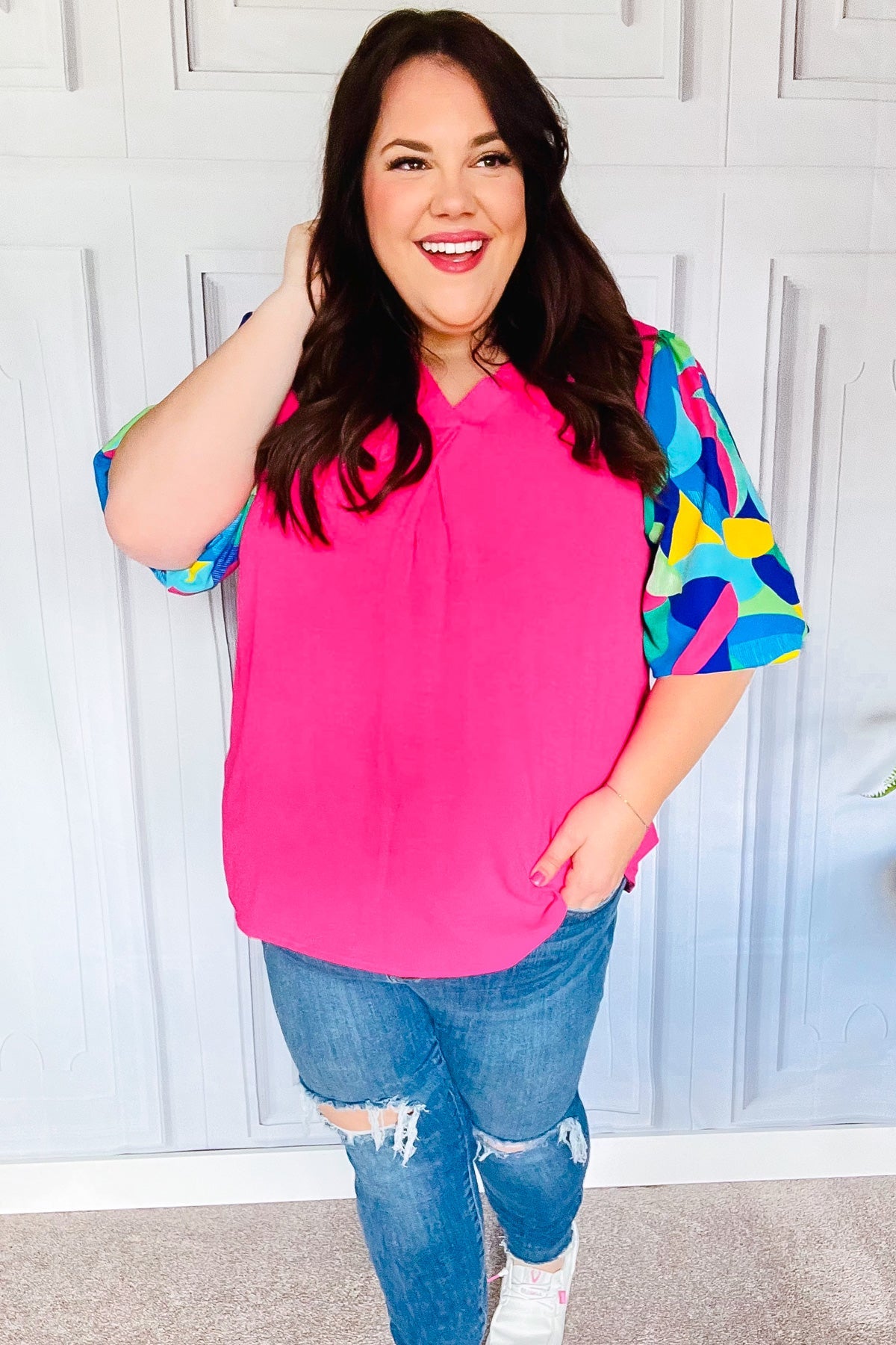 Tell Your Story Fuchsia Geo Print Puff Sleeve Top