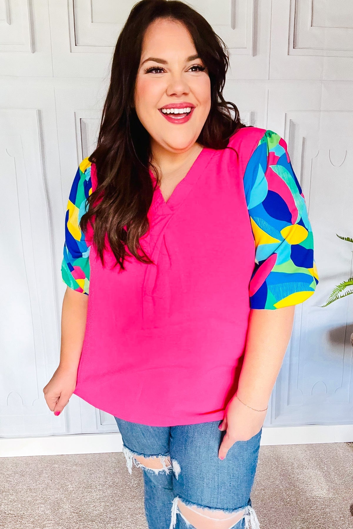 Tell Your Story Fuchsia Geo Print Puff Sleeve Top