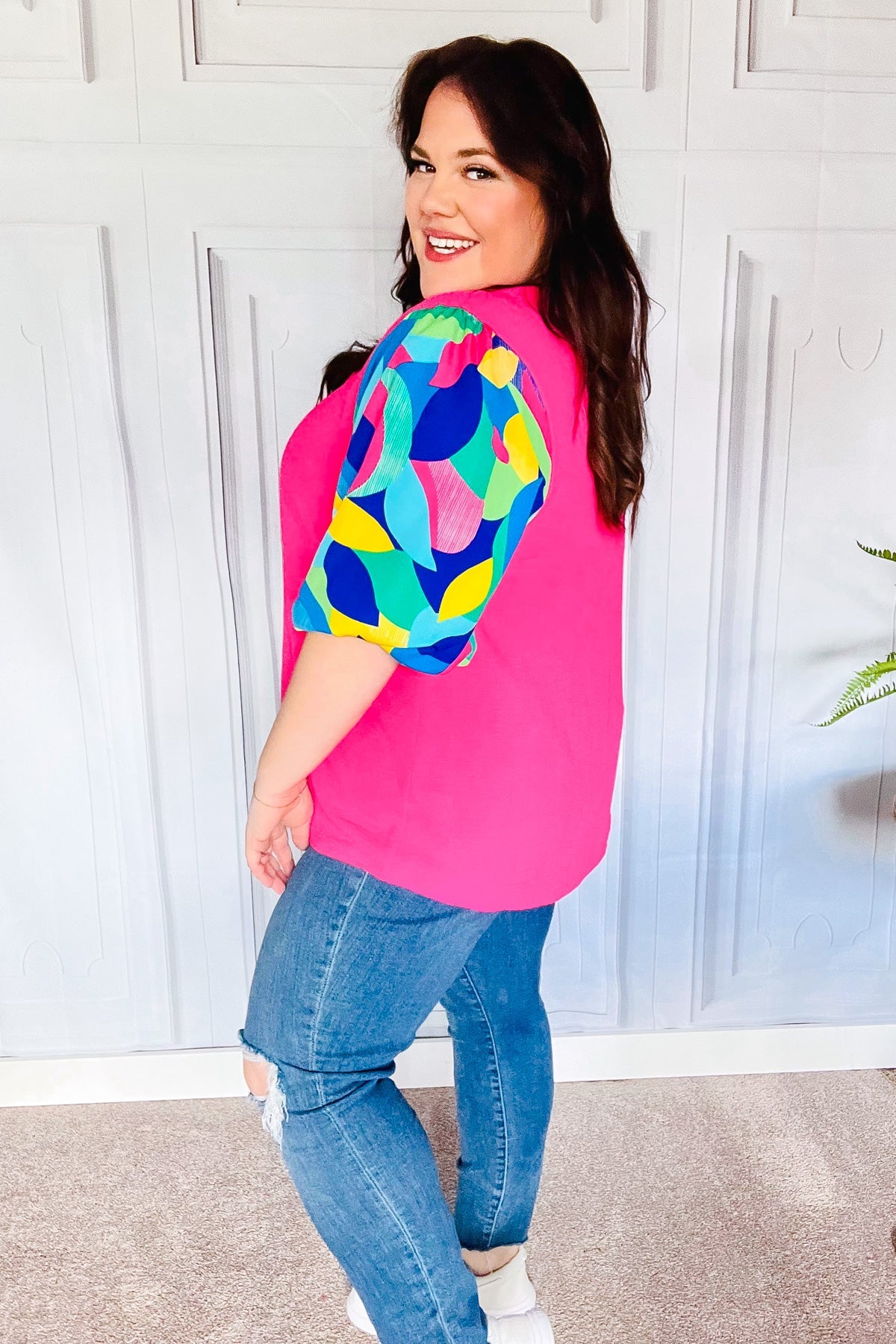 Tell Your Story Fuchsia Geo Print Puff Sleeve Top