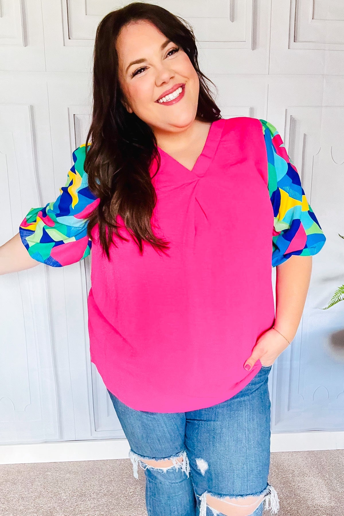 Tell Your Story Fuchsia Geo Print Puff Sleeve Top