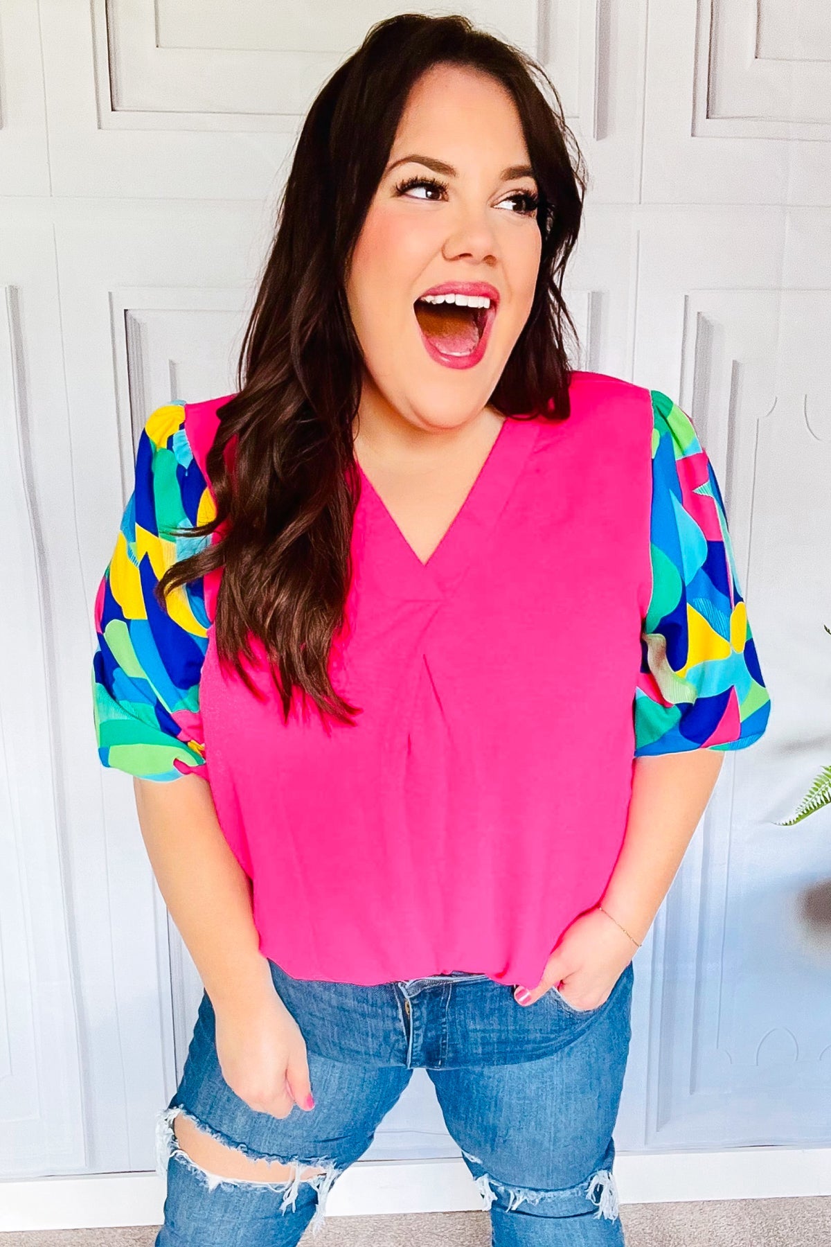 Tell Your Story Fuchsia Geo Print Puff Sleeve Top