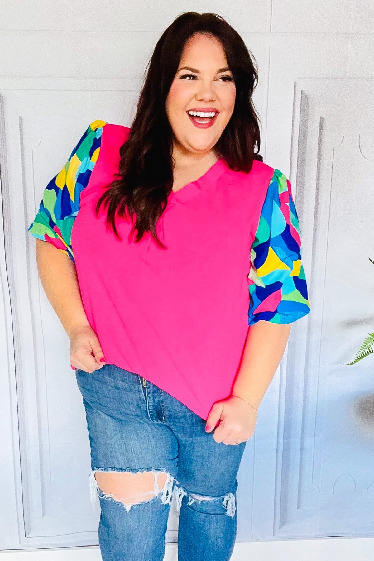 Tell Your Story Fuchsia Geo Print Puff Sleeve Top