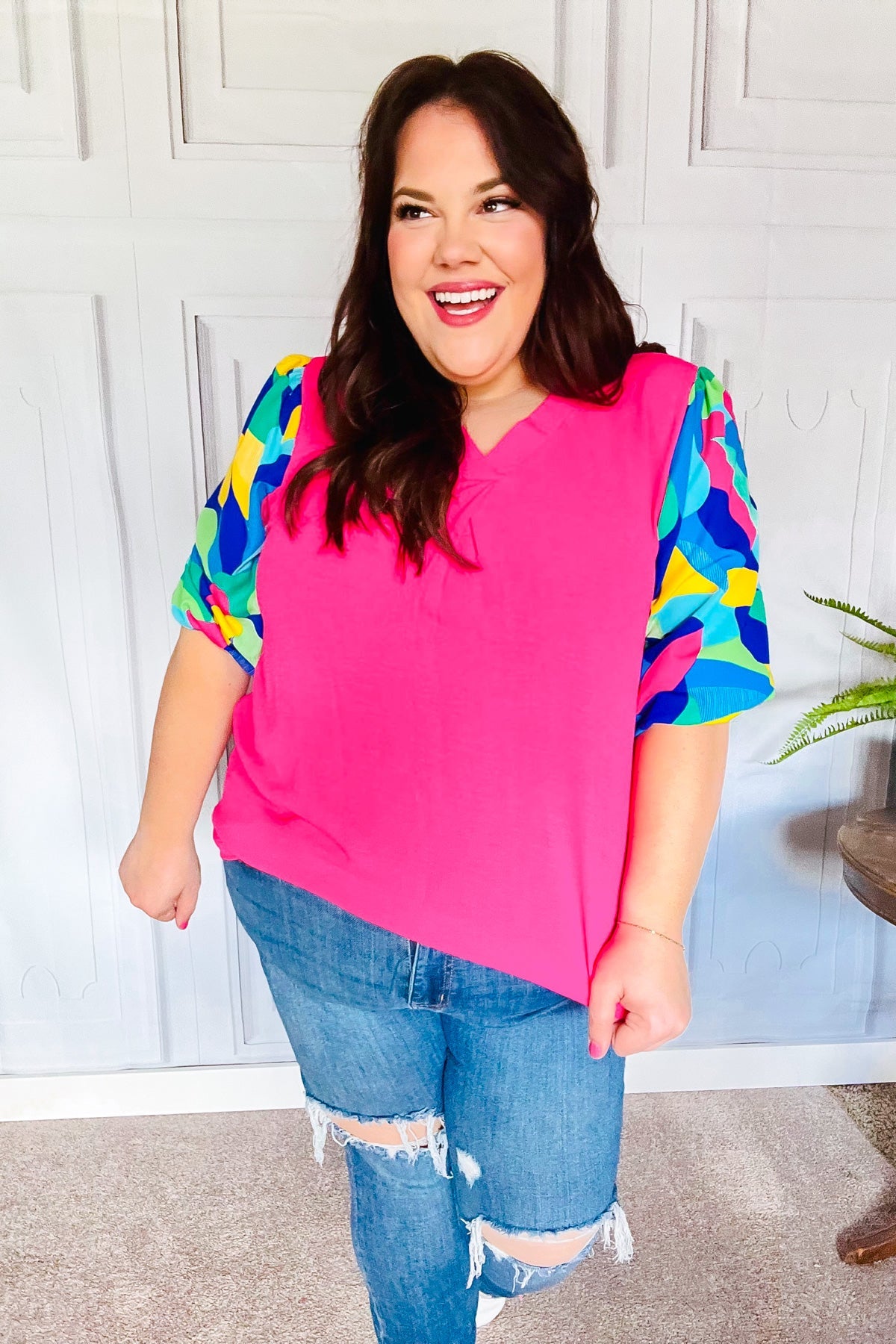 Tell Your Story Fuchsia Geo Print Puff Sleeve Top