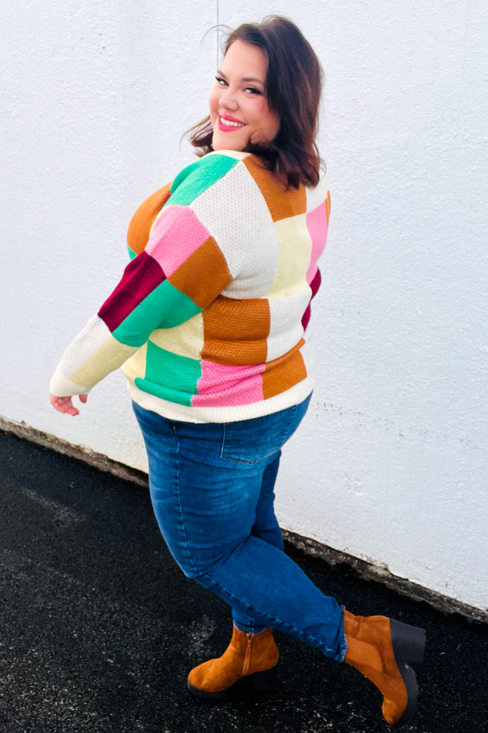 Adorable Ivory & Camel Checker Knit Sweater