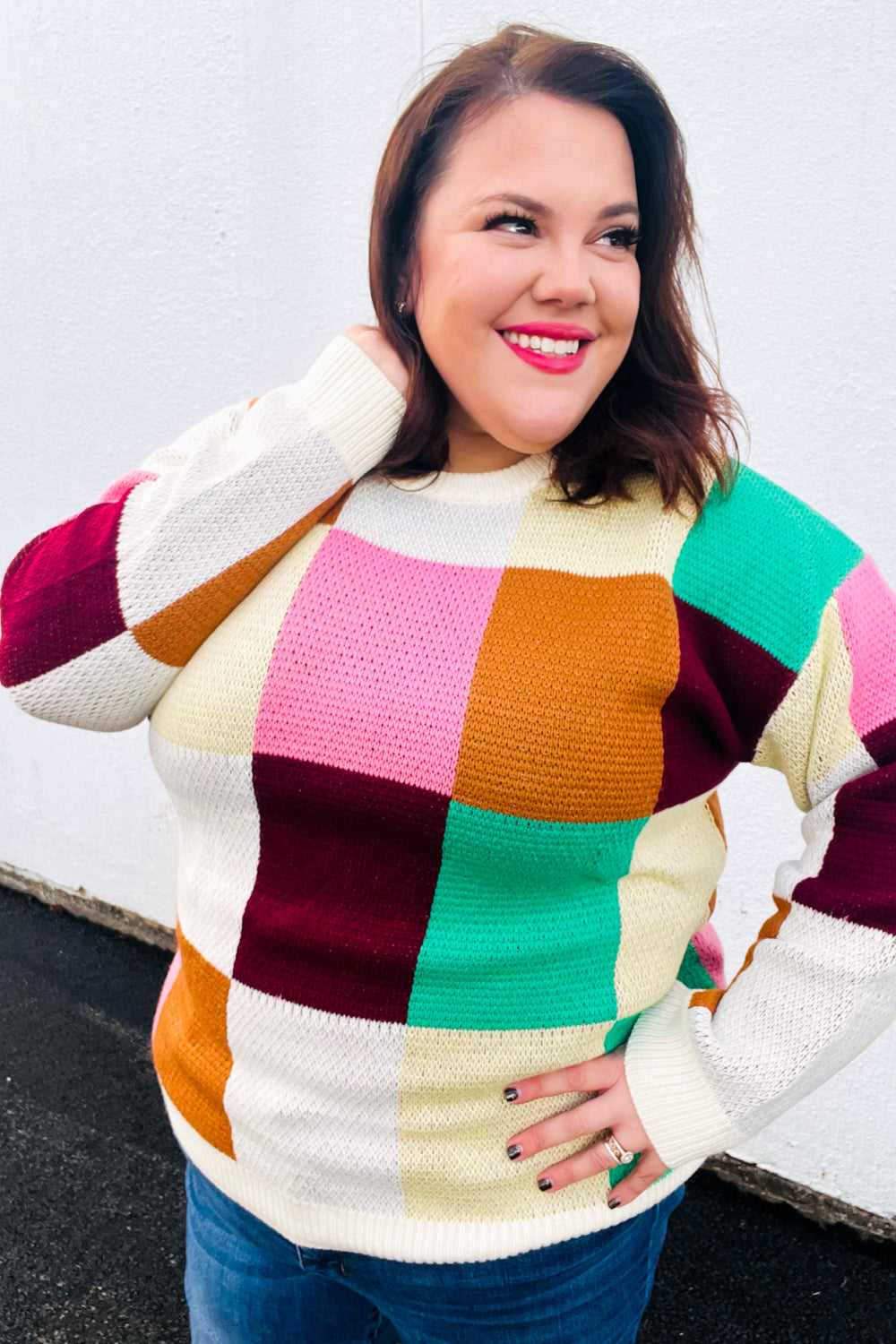 Adorable Ivory & Camel Checker Knit Sweater