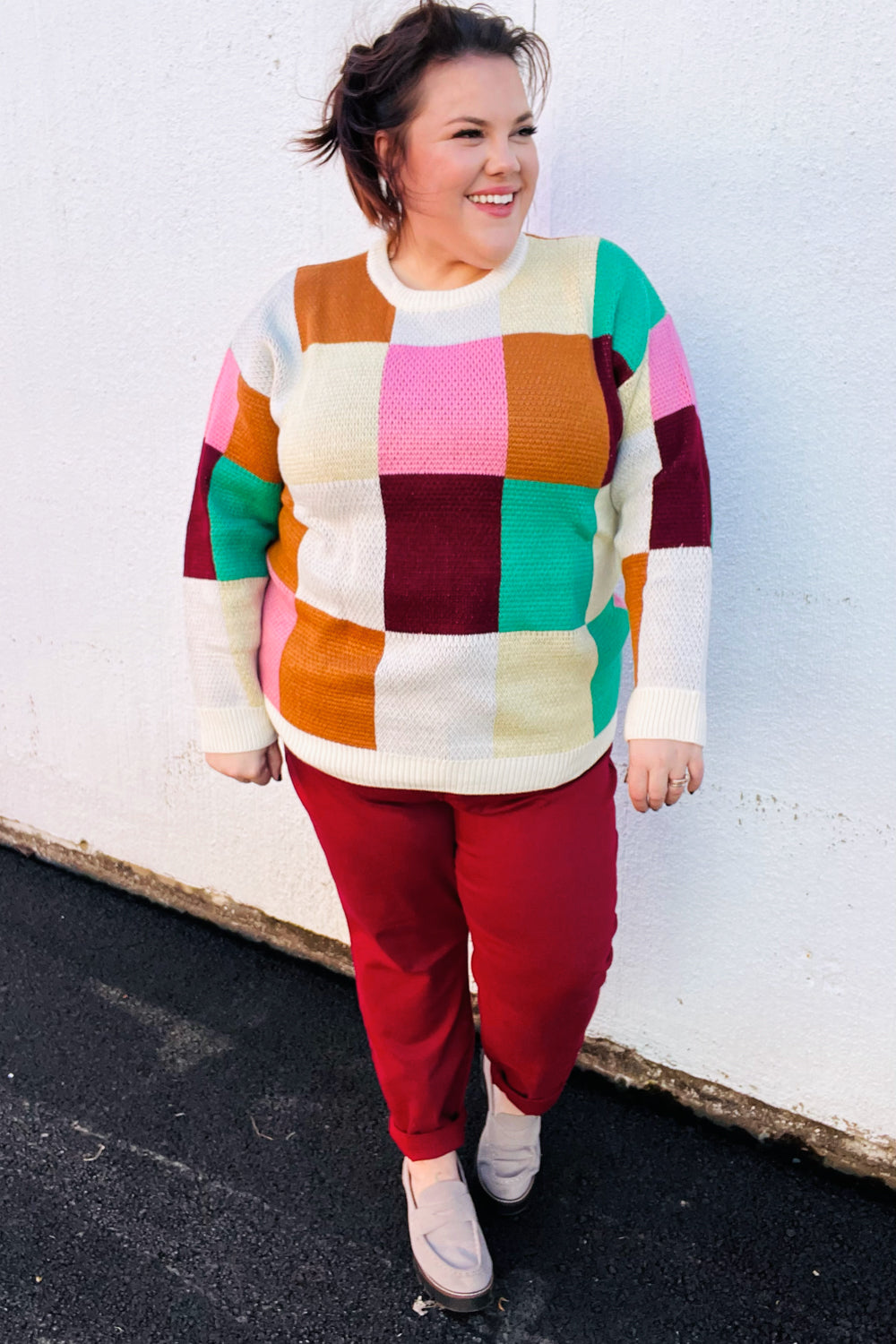 Adorable Ivory & Camel Checker Knit Sweater