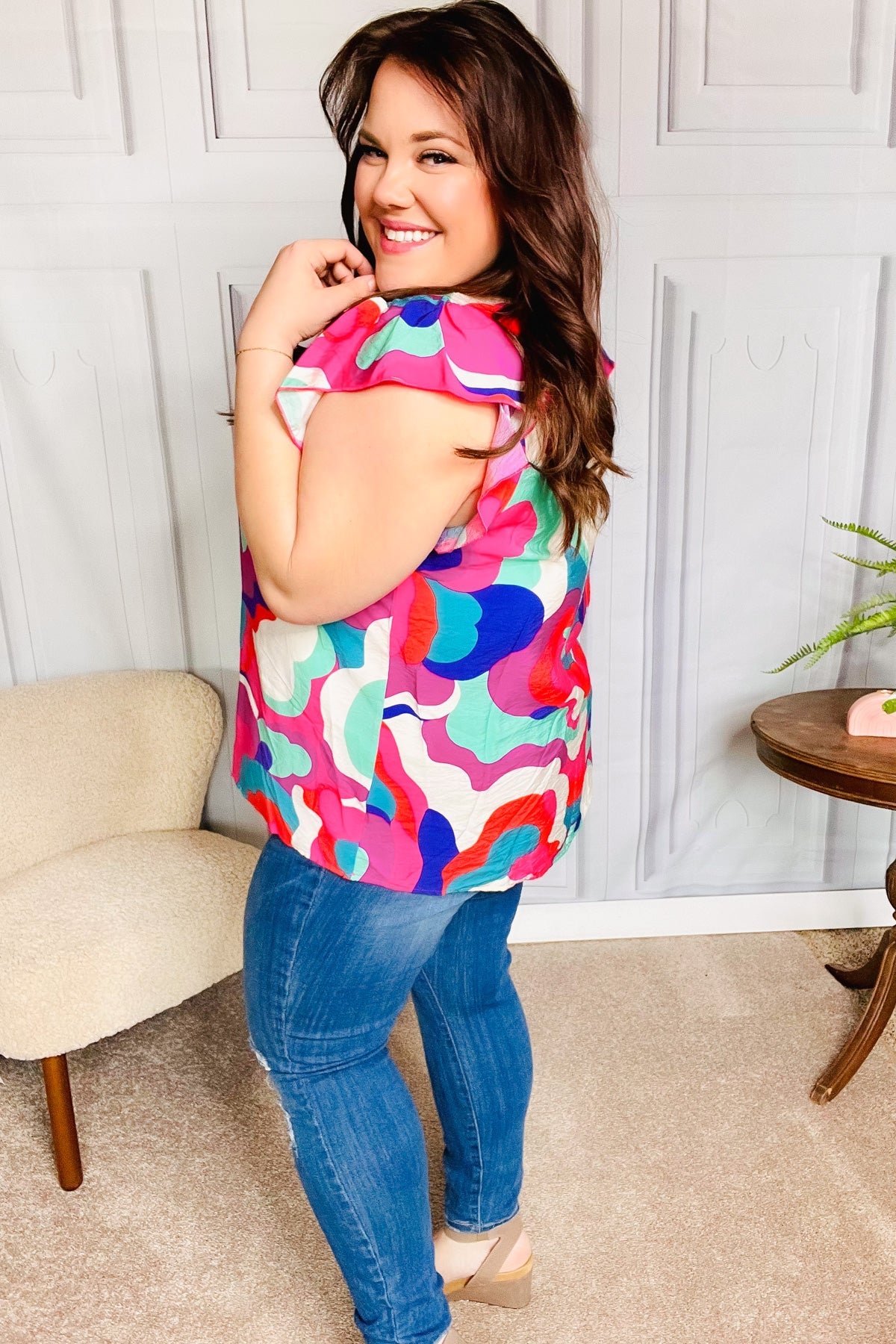 Find Yourself Fuchsia Geo Abstract V Neck Flutter Sleeve Top