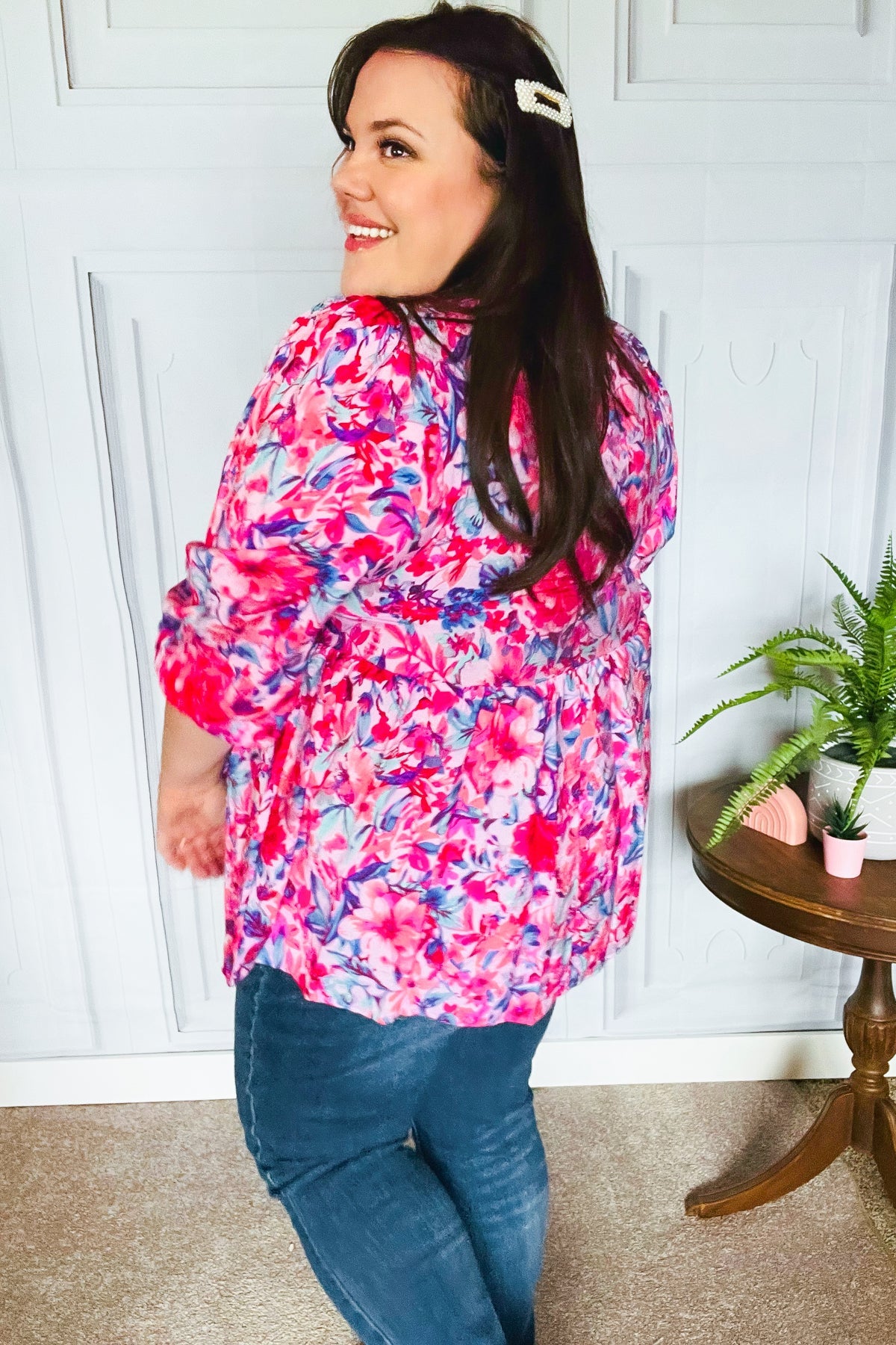 Feeling Femmi Pink & Fuchsia Floral Peplum Woven Top