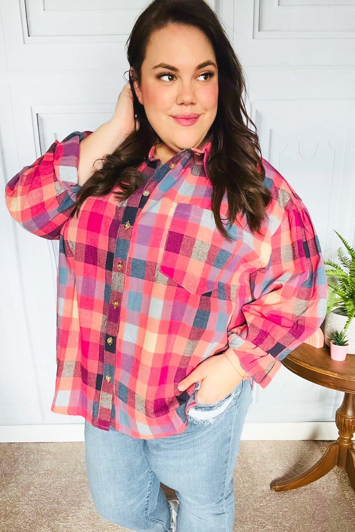 Check It Out Washed Plaid Button Up Top