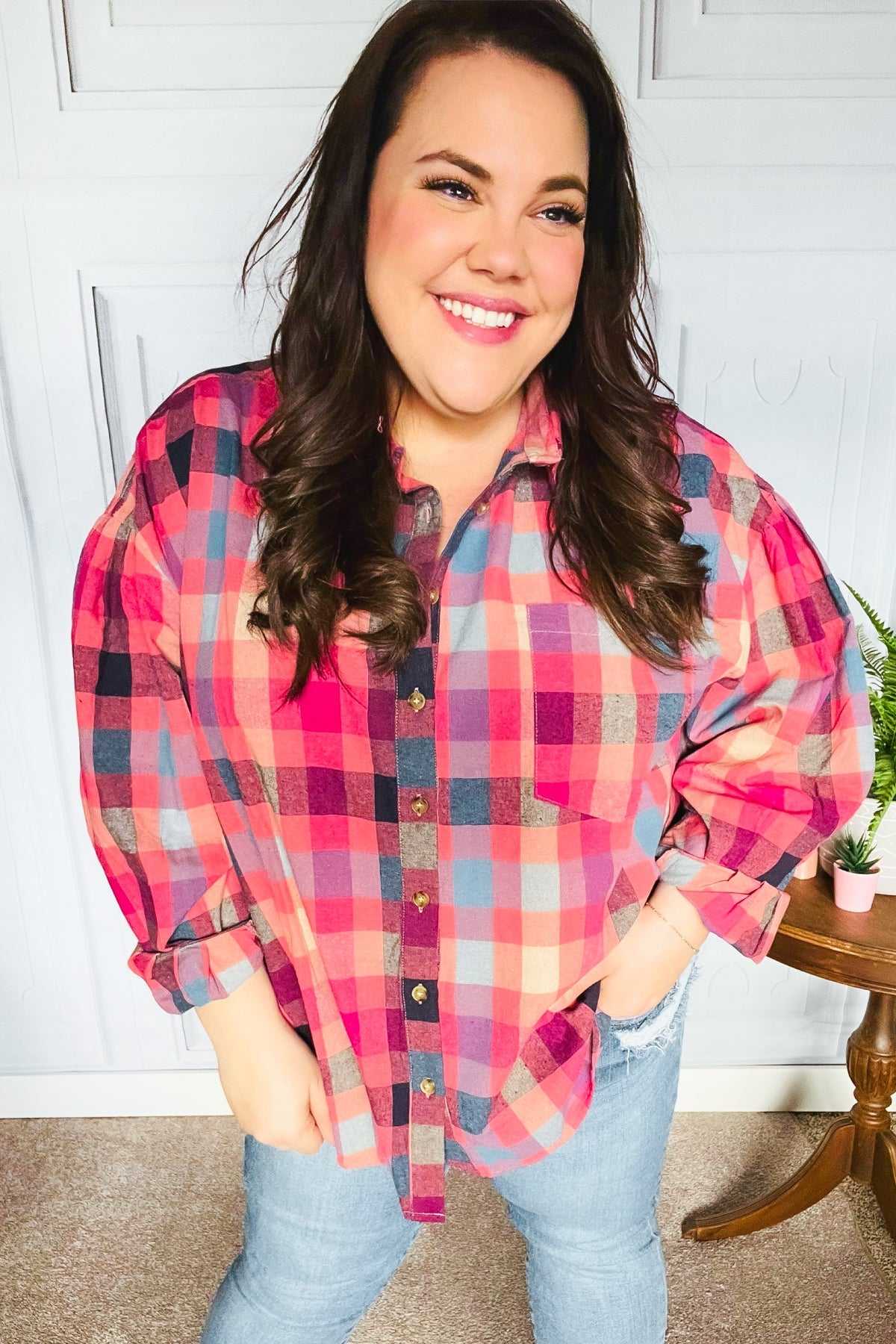 Check It Out Washed Plaid Button Up Top