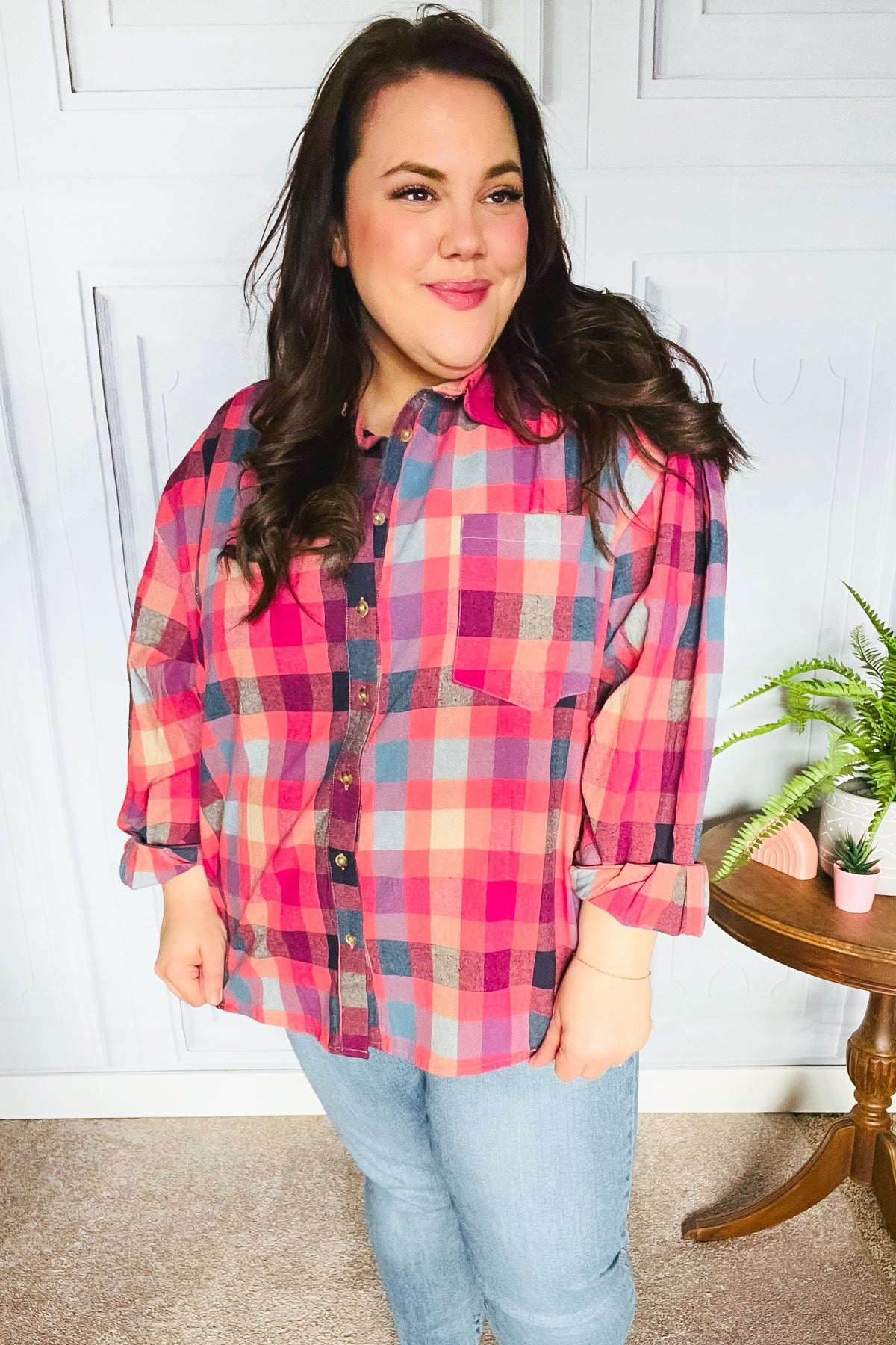 Check It Out Washed Plaid Button Up Top