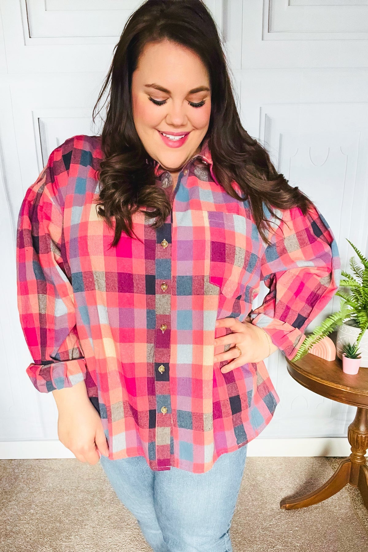 Check It Out Washed Plaid Button Up Top