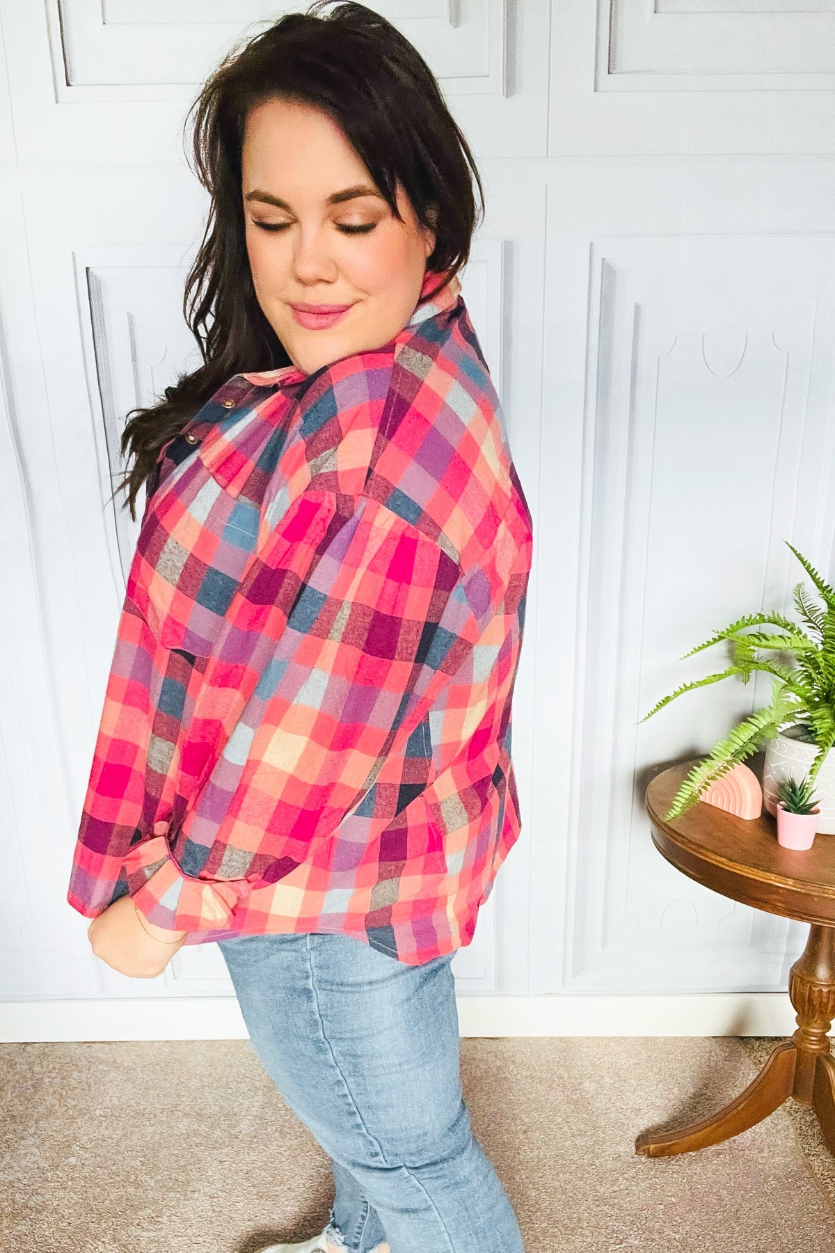 Check It Out Washed Plaid Button Up Top