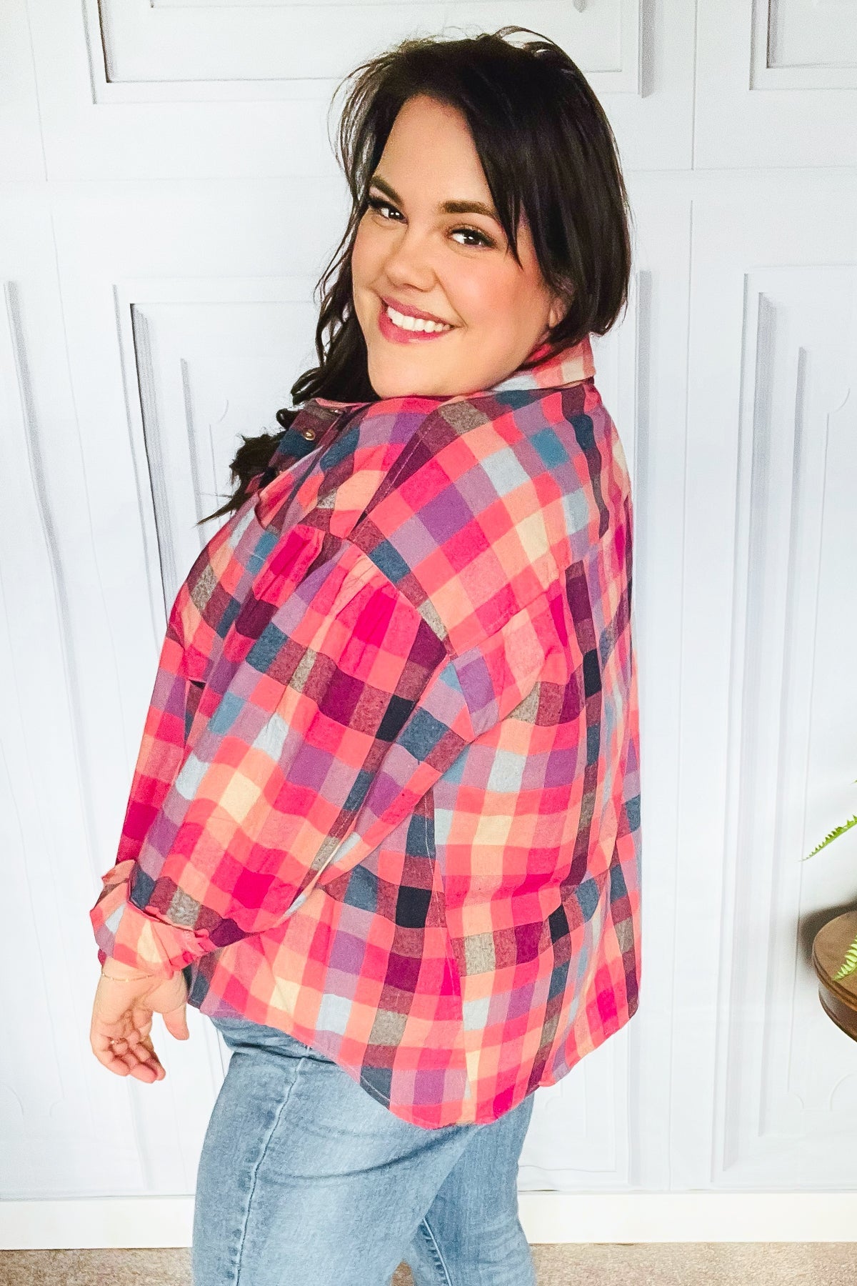 Check It Out Washed Plaid Button Up Top