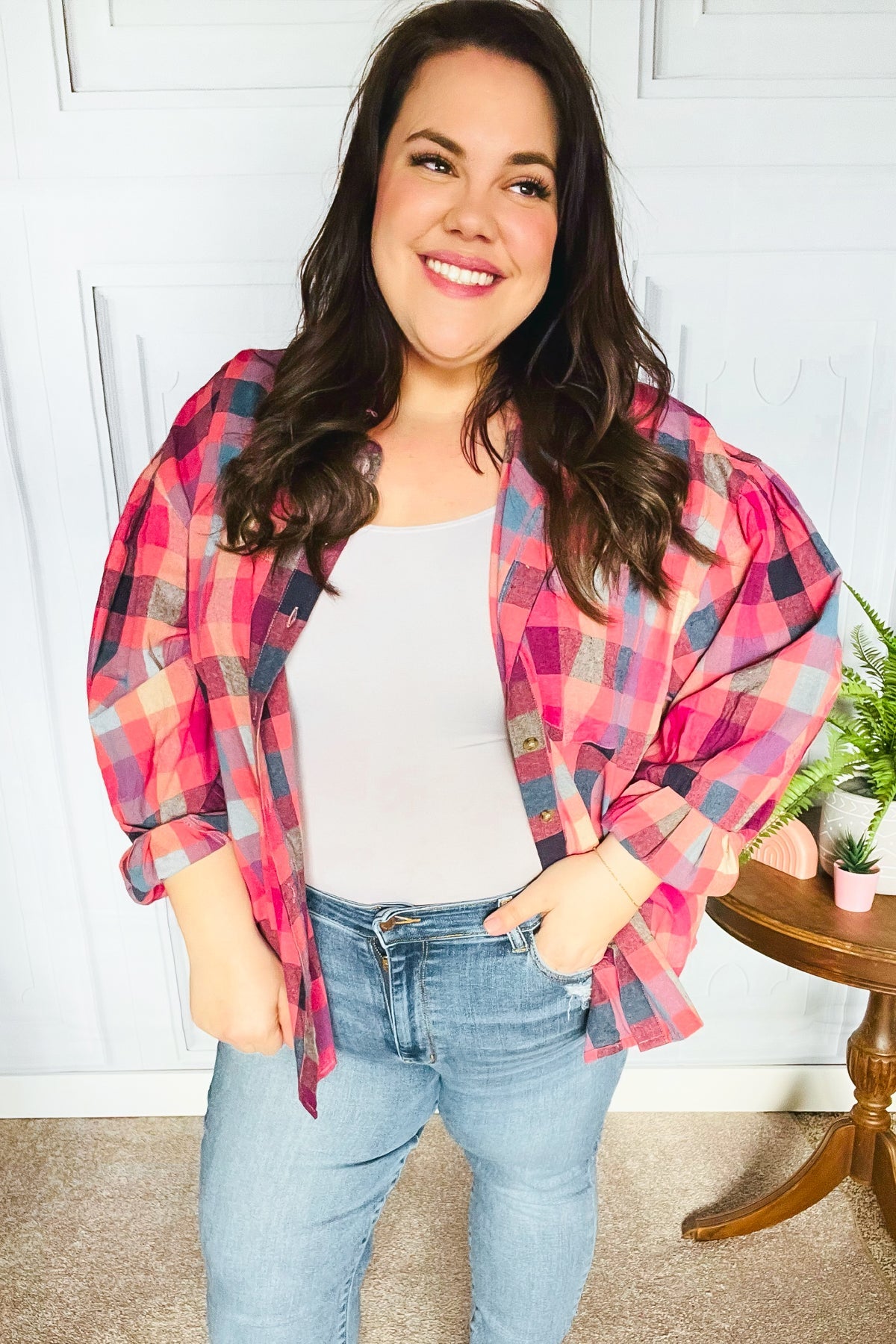 Check It Out Washed Plaid Button Up Top