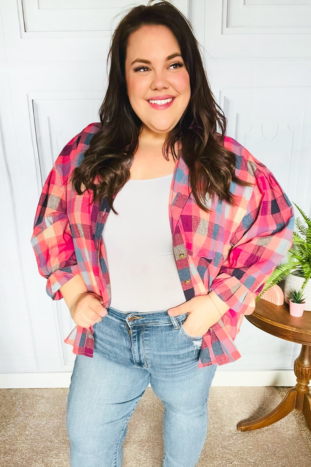 Check It Out Washed Plaid Button Up Top